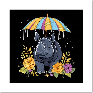 Rhinoceros Rainy Day With Umbrella Posters and Art